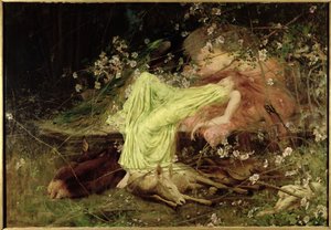 童话："所有的人似乎都睡着了，胆小的野兔在睡觉"--斯科特，约 1895 年（布面油画）