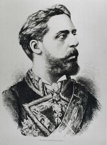 卡洛斯七世，Carlos Maria de los Dolores de Borbon y Austria-Este（1848-1909 年）。卡洛斯七世（Carlos VII），卡洛斯集团的西班牙王位篡夺者。西班牙。卡洛斯主义。卡洛斯七世，卡洛斯集团的王位篡夺者。发表于 "La ilustracion Espanola y Americana"。雕刻