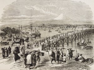 日本（19 世纪）.江户城，横跨东尼亚河。雕刻。私人收藏 作者 艺术家未知