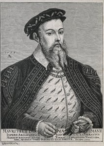 萨克森的莫里斯（1521-1553 年）。萨克森公爵（1541-1547 年），后成为选帝侯（1547-1553 年）。1539 年起成为新教徒。根据卢卡斯-克拉纳赫的画作绘制的肖像。雕刻 作者 艺术家未知