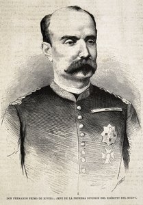 费尔南多-普里莫-德-里韦拉（1831-1921 年）。西班牙军事家和政治家。费尔南多-普里莫-德里维拉，曾参加第三次卡洛斯战争。雕刻。 作者 艺术家未知
