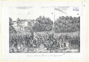 1848 年 8 月 23 日（维也纳）普拉特广场的场景。1848年8月23日 作者 艺术家未知