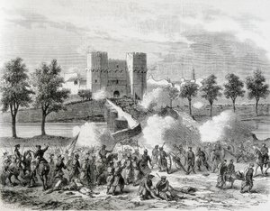 西班牙（1868 年）。光荣革命。政府军在巴伦西亚的塞兰斯门发动进攻。插图。Jorinal Universal"。蚀刻版画 作者 艺术家未知