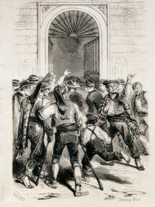 西班牙（1873 年）。宣布成立第一共和国并攻占巴塞罗那市政厅（1873 年 2 月 11 日）。蚀刻版画。 作者 艺术家未知