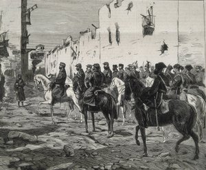西班牙。第一共和国（1873-1874 年）。卡塔赫纳县。卡塔赫纳州投降后，何塞-洛佩斯-多明格斯将军在卡塔赫纳。图片发表于 "La Ilustracion Espanola y Americana"。蚀刻版画。 作者 艺术家未知