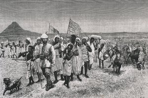 斯坦利，亨利-莫顿爵士（1841-1904 年）。"穿越乌尼罗河》，为法文版作品《穿越黑暗大陆》绘制的插图。蚀刻版画。法国。巴黎。巴黎。装饰艺术图书馆 作者 艺术家未知