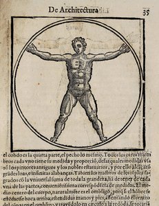 VITRUVIUS, Marcus Vitrubius Pollio（公元前 1 世纪）。"De Architectura》（《论建筑》），由米格尔-德-乌雷亚翻译成西班牙语。胡安-格拉西安（Juan Gracian）于 1582 年在阿尔卡拉-德埃纳雷斯（Alcala de Henares）编辑。第 35 页人体卡农插图。木刻 作者 艺术家未知