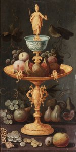 葡萄，李子和石榴石上的石榴，被绘画拟人化，上面有无花果，葡萄，苹果，一条金链和西班牙的八个石块 作者 亚瑟·克拉森斯