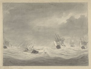 Het vergaan van het schip De Unie onder kapitein Graaf van Welderen op de Noordzee, 19 oktober 1782 作者 阿里·范瓦努姆