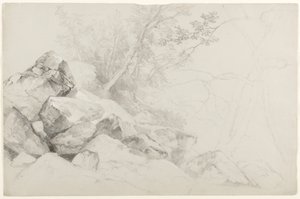 研究与树木的岩石，海牙，乔治湖，纽约，1862年（石灰在灰纸上） 作者 阿舍·布朗·杜兰德