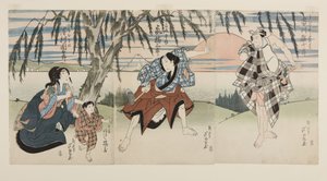 演员 市川英美?饰演乌基苏之岩松(R)，岚基特萨布尔?饰演农民(Hyakush?) J?saku (C), 岚Kitsuz?饰演J?kichi, 和泽村国太?饰演J?saku的妻子(Ny?b?) Okinu(L)(彩色木版画) 作者 Gigado Ashiyuki