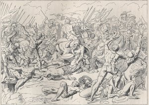 伯罗奔尼撒战争：波蒂迪亚战役（La battaglia di Potidea），希腊哲学家苏格拉底在阿尔西比亚德救了自己的命。 （雕刻 d