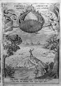塔兰托的 Archytas（公元前 435-347 年）放飞一只木鸽。 Athanasius Kircher（1601-1680），耶稣会士，东方学家和学者的“Mundus Subterraneus”雕刻。