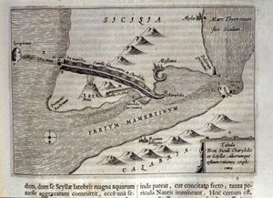 西西里岛墨西拿底特律的 "Charybde "和 "Scylla "的制图"，来自耶稣会士、东方学家和学者阿塔纳修斯-基尔切尔（1601-1680）的 "Mundus Subterraneus "版画 1682年
