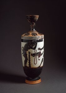 希腊艺术。"赫拉克勒斯和阿特拉斯 "赫拉克勒斯（Hercules）Lekythos（lecyth）白色的细节由雅典娜的画家实现（公元前450-400）。雅典娜，国家考古博物馆 作者 雅典娜画家（车间）