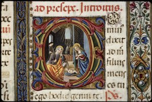 托马斯-詹姆斯的 Missal：字母 D 的细节：耶稣诞生。