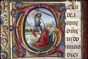 托马斯-詹姆斯的 Missal：字母 G 的细节：圣托马斯-贝克特殉难。