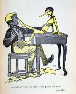 杰佩托感到鼻尖被踢了一脚》，插图选自卡洛-科洛迪（1826-90 年）的《木偶奇遇记》，1935 年由 Bemporad 出版（彩色雕刻）。