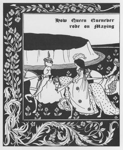 亚瑟王传奇：“五月女王 Guenievre Queen”” 雕刻在“The Morte of Arthur”中，Thomas Malory 先生，Aubrey Beardsley (1872-1898) 1893-1894 插图版（亚瑟王传奇：Queenvere 女王 (Guinevere) maying , 奥布里·比尔德 (Aubrey Beard) 的插图 作者 奥布里·比尔兹利