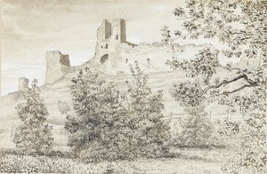 拉克韦雷城堡废墟的视图，1828年（棕褐色和铅笔在纸上）