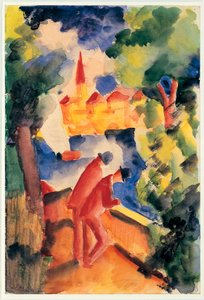 两个男人撑在栏杆上俯瞰湖面 1914（水彩） 作者 奥古斯特·马克