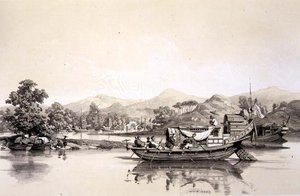 中国的渡船往返于德钦内海关和广州之间，板块18来自《中国速写》，由Eugene Ciceri（1813-90）雕刻，1842年（着色石印）。