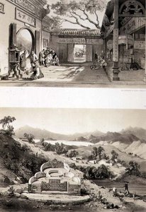澳门大庙的内景以及香港湾和考隆湾之间的坟墓和村庄，板块8和7来自《中国素描》，Eugene Ciceri（1813-90）1842年雕刻（着色石印）。