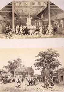 佛寺内部和广州郊区的一个小广场，板块25和26来自《中国速写》，由Eugene Ciceri（1813-90）雕刻，1842年（着色石印）。