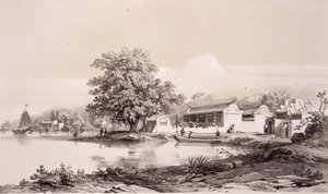 澳门运河上的文华楼，板块20来自《中国速写》，由Eugene Ciceri（1813-90）1842年雕刻（着色石印）。