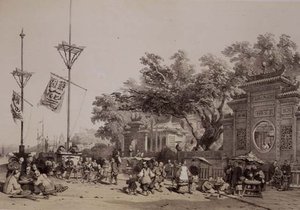 澳门大庙的正面，《中国速写》中的第9版，由Eugene Ciceri（1813-90）1842年雕刻（着色石印）。