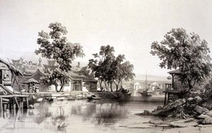 河南的寺庙和运河，《中国速写》中的第29版，由Eugene Ciceri（1813-90）1842年雕刻（着色石版）。