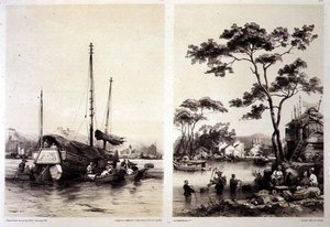 广州后面的贸易船和广州附近的一个村庄，图版32和31来自《中国素描》，由Eugene Ciceri（1813-90）雕刻，1842年（着色石印）。
