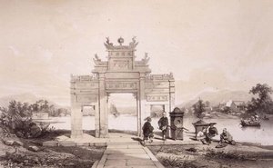 澳门--坎昆运河上的凯旋门，《中国速写》中的第19版，由Eugene Ciceri（1813-90）雕刻，1842年（着色石印）。