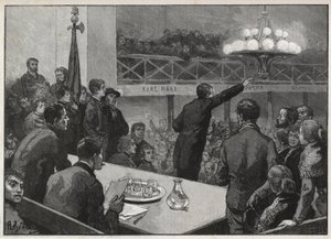 1885年在Vooruit举行的罢工会议--1885年雕刻的 "杰出的世界"--Gerardin画的。 作者 奥古斯特（后）杰拉丁