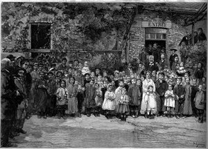 维克多-雨果（1802-1885）1882年9月24日与Veules en Caux（Veules-en-Caux）的贫困儿童在一起，他为他们提供了一个宴会。杰拉尔丁在1882年10月14日 "世界画报 "第1333期上的雕刻。 作者 奥古斯特（后）杰拉丁
