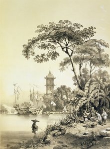 澳门 - 广州运河上的一座宝塔，来自“中国草图”的21号板，由Eugene Ciceri（1813-90）雕刻1842年（有色光刻）