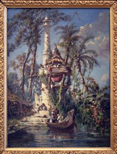 Hoogly 河岸的天文台（印度孟加拉）。 Auguste Borget (1808-1877) 绘画，桃花心木油彩