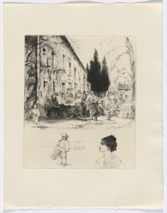 弗雷德里克-米斯特拉尔Frédéric Mistral 的 Mémoires et Recits：户外桌旁的人物/打鼓的男子和半身女人（插在第 136 页之后）