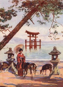 日本宫岛鸟居（彩色石版画）