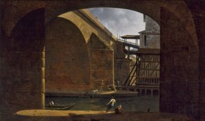 1816 年，从拱顶 Quai de Gesvres 望圣母桥和水泵（布面油画） 作者 奥古斯特·雅克·雷格尼尔