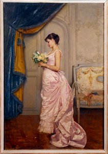 Sweet Ticket 一位年轻女子拿着一束鲜花读了一封来自崇拜者的情书。 Auguste Toulmouche (1829-1890) 1883 年作画。 0,66x0,45 m 南特，美术博物馆