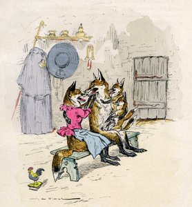 Illustration by A. Vimar for the Novel de Renart (novel of the fox), edition Henri Laurens 19th century - Goupil and Hermeline the fox, his wife, home, with their children the little foxes -