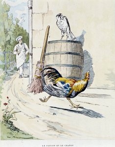 拉封丹的寓言》中的猎鹰和山鸡，由奥古斯特-维玛（1851-1916）绘制，图尔，在A, Mame & Fils