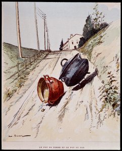 陶罐和铁罐 - 在“Les Fables de La Fontaine”中，生病了。 作者 Auguste Vimar (1851-1916), Tours, at A, Mame & Fils