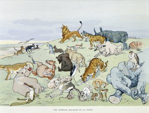 患鼠疫的动物 - 在“Les Fables de la Fontaine”中，生病了。 作者 Auguste Vimar (1851-1916), Tours, at A, Mame & Fils
