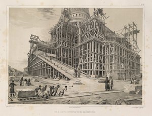 木制脚手架包围的大教堂的景色来自：圣以撒大教堂的建造，1845年