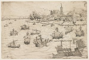 1546年，乔纳和带帆船的湖上的鲸鱼 作者 奥古斯丁·赫希沃格尔