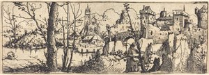 右边有城堡的风景，被岩石包围，1546年。 作者 奥古斯丁·赫希沃格尔