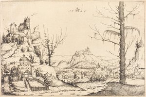 带有高崖、河流和城市的风景，1546年。