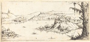 中心有一个大湖的风景，1546年。 作者 奥古斯丁·赫希沃格尔